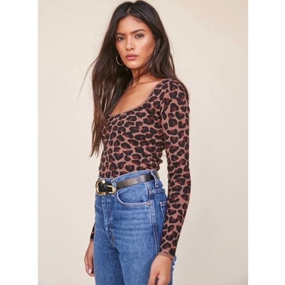 LPA Revolve Mia Top Leopard Print Fitted Square Neck Black Brown Size Small - Picture 7 of 9